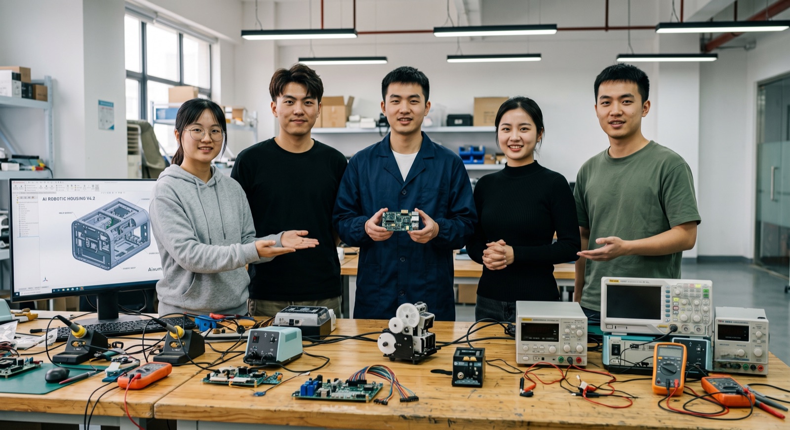 Aixumo team in an AI hardware lab with electronics, test equipment, and product design work